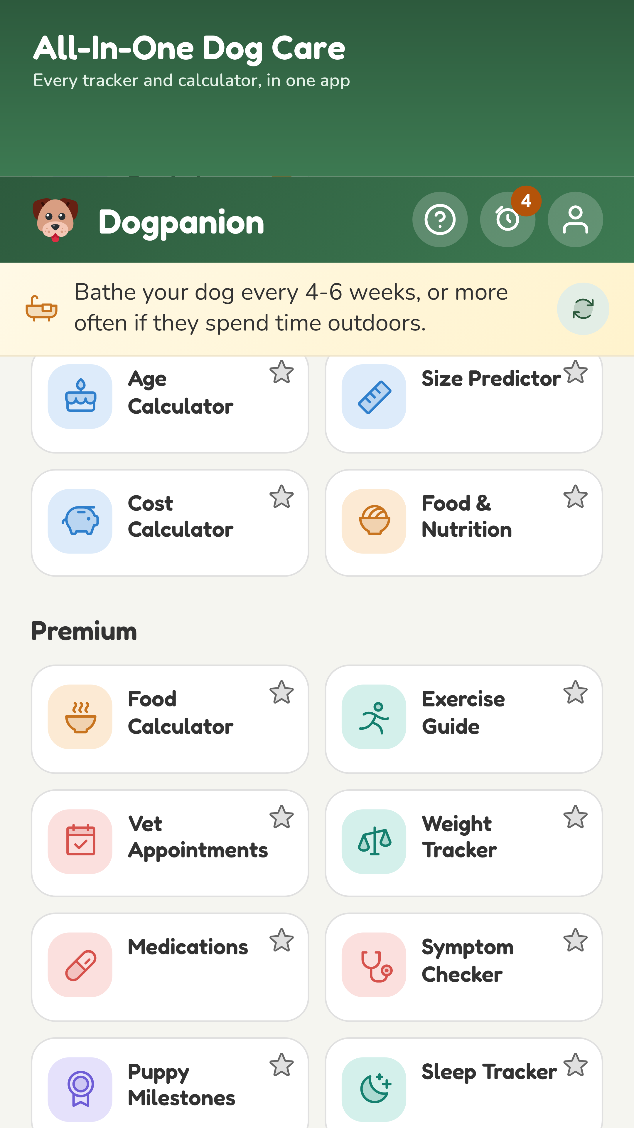 Dogpanion app screenshot showing the feature dashboard