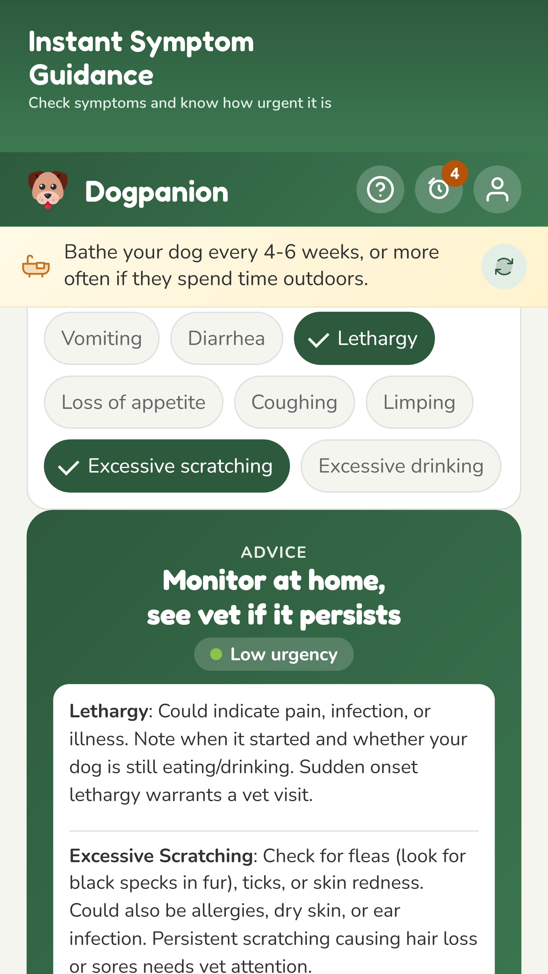 Dogpanion symptom checker showing urgency guidance